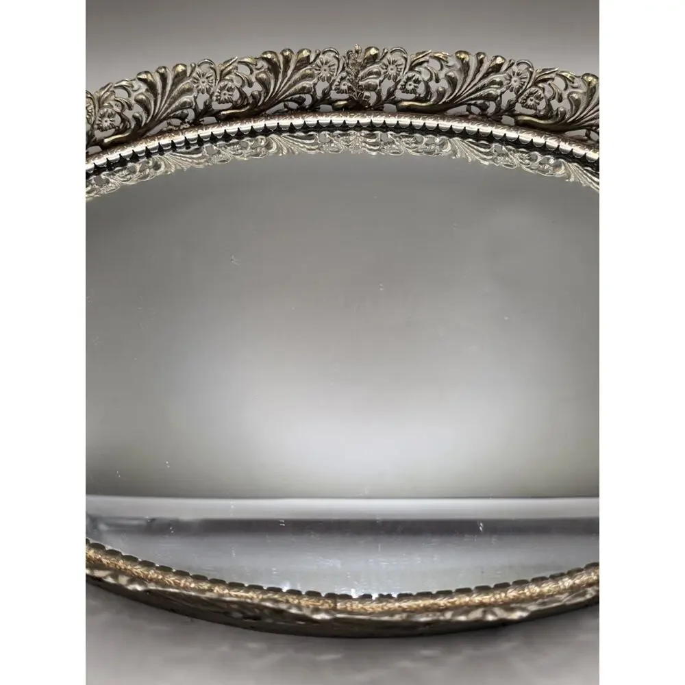 Vintage Hollywood Regency Silver Filigree Mirrored Vanity Tray Oval Dresser...